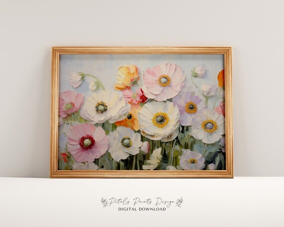 White Pink Orange Anemones Wide Horizontal Floral Painting Poster