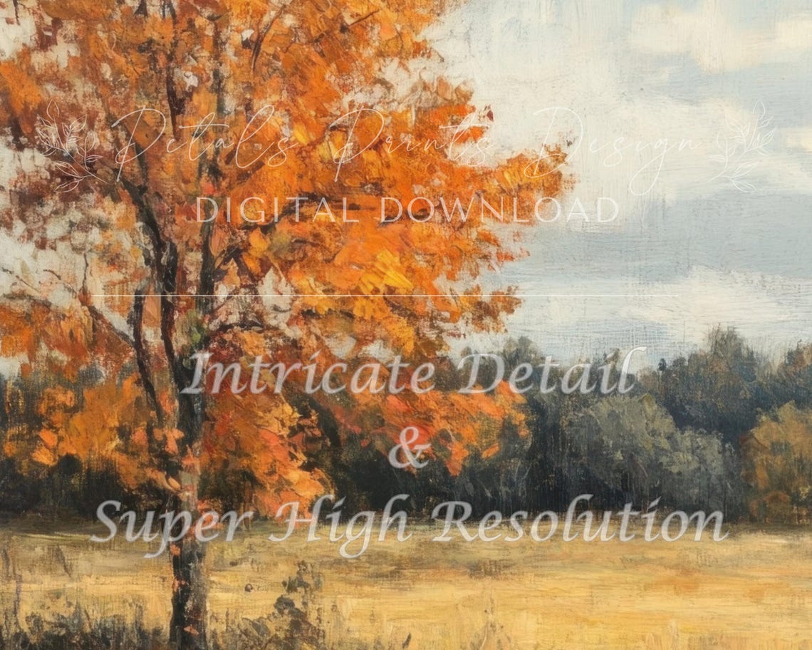 Lone Autumn Tree In Golden Field Fall Landscape Painting Poster - Image 2