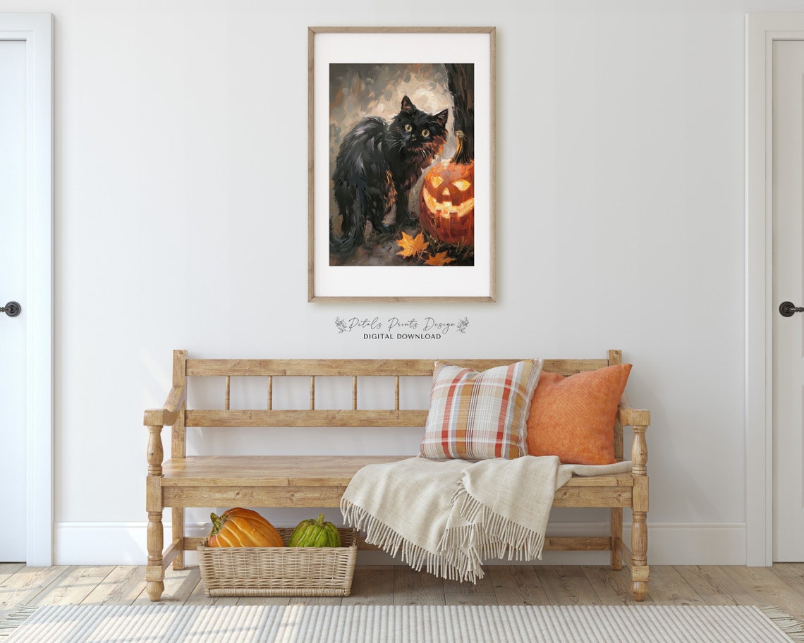 Fluffy Black Cat With Glowing Jack O Lantern Fall Night Poster - Image 3