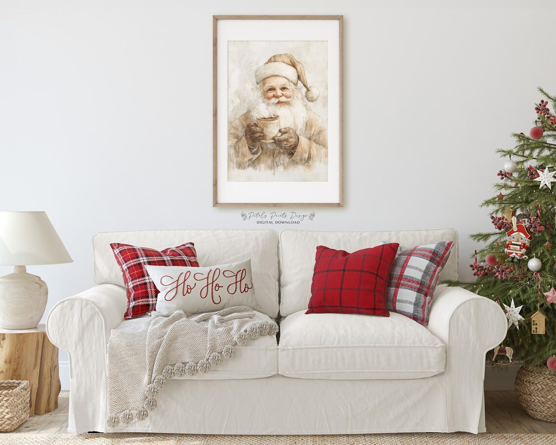 Neutral Santa Christmas Holiday Art Print, Rustic Vintage - Image 2