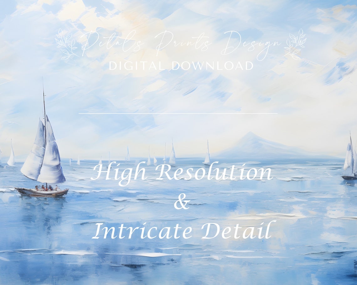 Blue Seascape Sailboats Watercolor Distant Mountain Horizon Poster - Image 3
