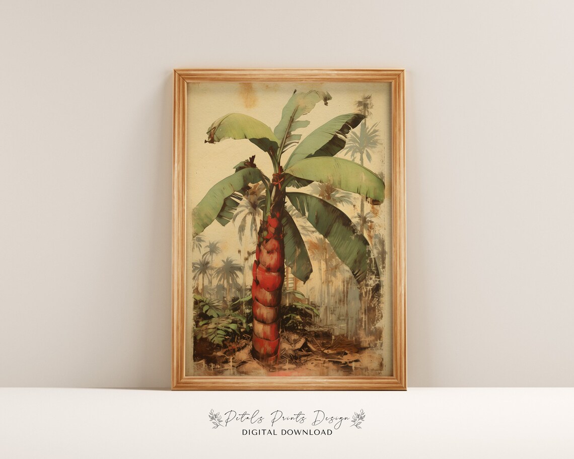 Vintage Banana Plant Red Trunk Tropical Jungle Botanical Art Poster