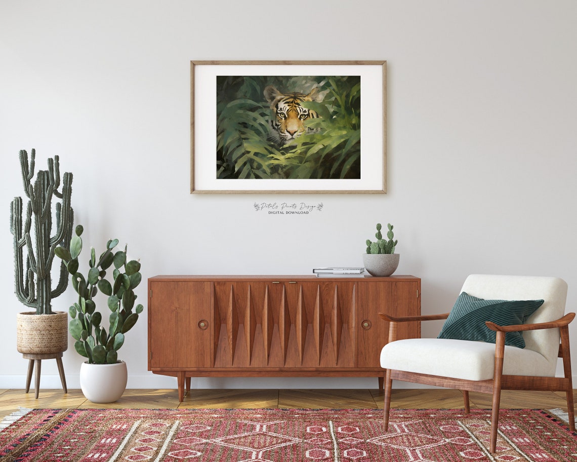 Tiger Face Peeking Through Dark Jungle Leaves Wildlife Art Poster - Image 2