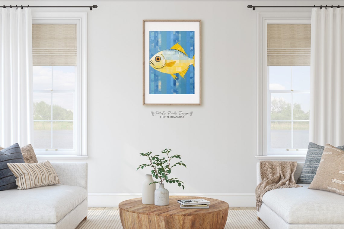 Portrait Yellow Blue Mosaic Fish Striped Tile Ocean Art Poster - Image 2