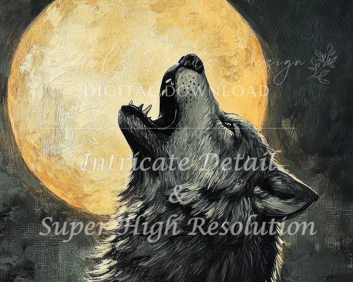 Howling Wolf Under Golden Full Moon Dark Night Painting Poster - Image 2