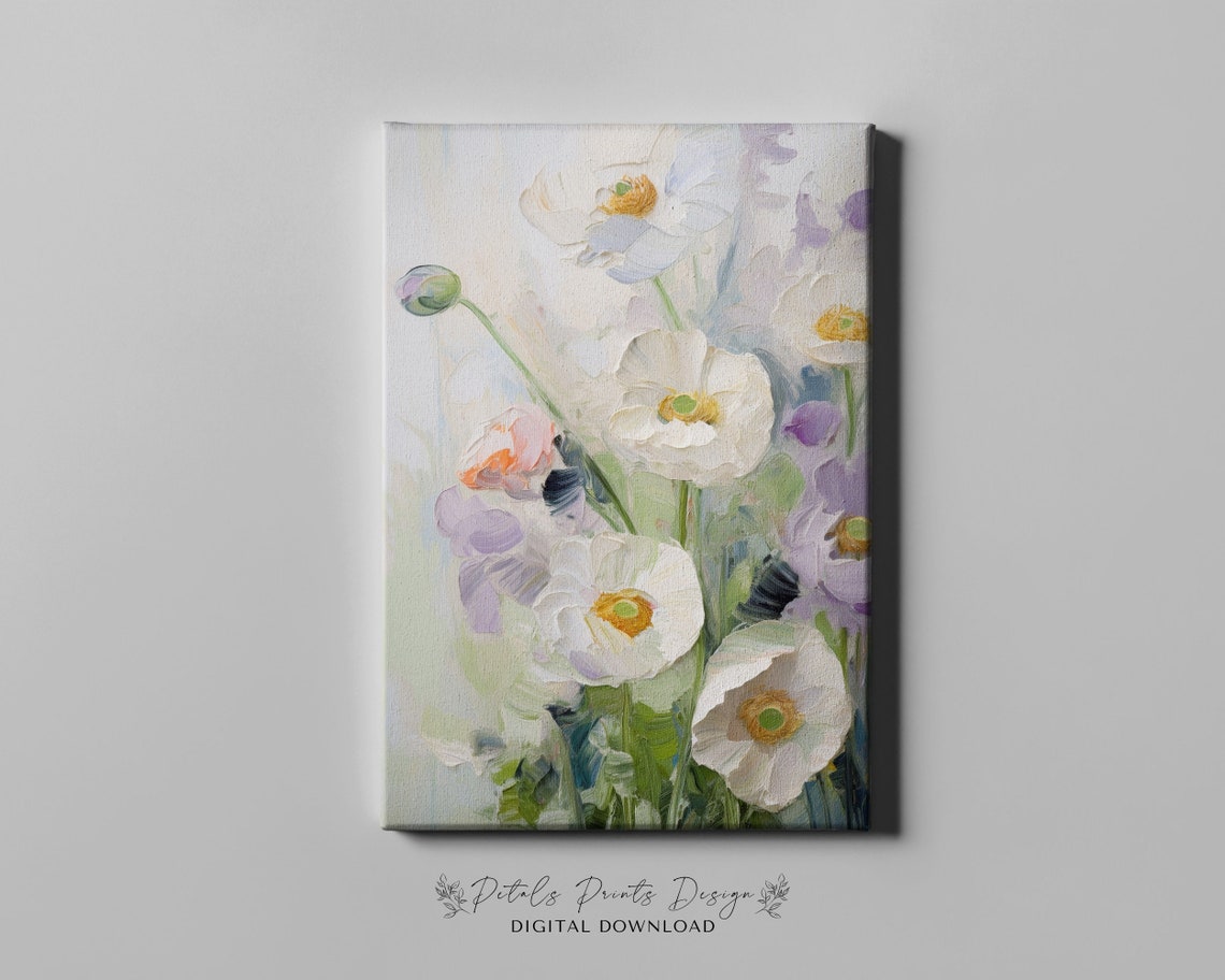 White Anemones with Lavender Blooms Vertical Floral Painting Poster - Image 4