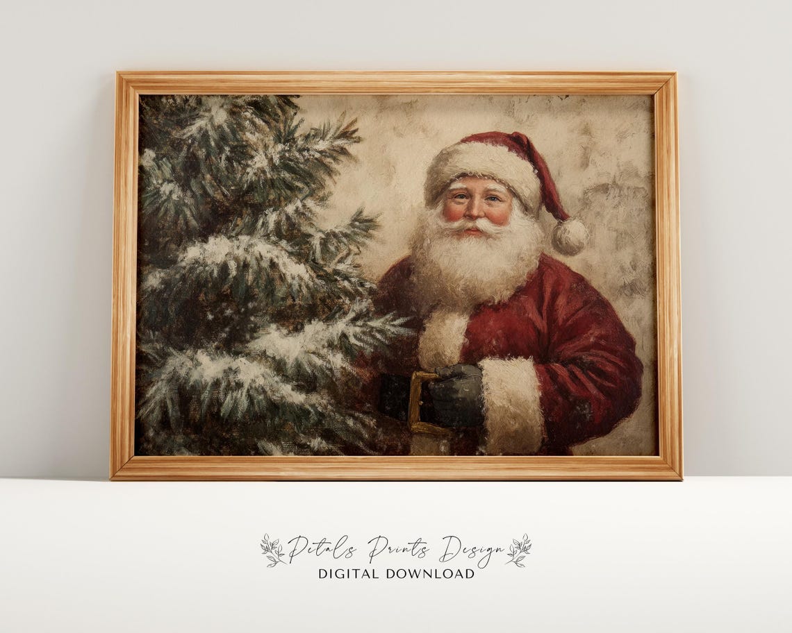 Santa Claus Beside Snowy Pine Tree Rustic Vintage Christmas Art Poster