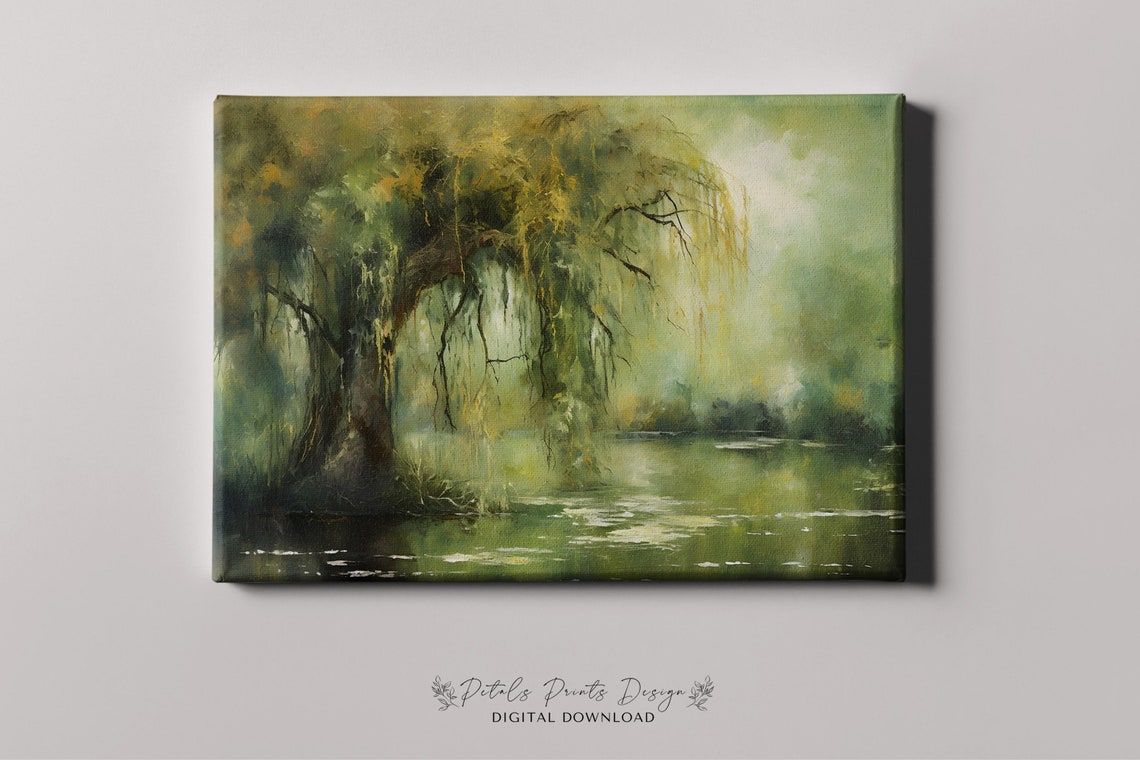 Grand Willow Tree Leaning Over Pond Golden Green Scene Poster - Image 4
