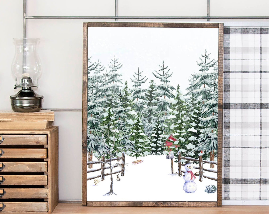 Snowy Pine Forest Path Watercolor Winter Wonderland Art Poster