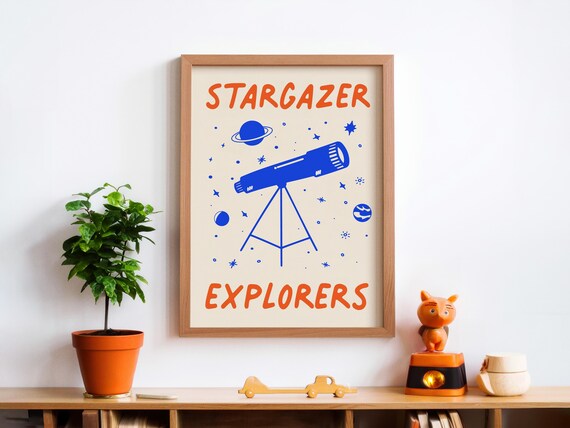 Stargazer Explorers Telescope Planets Stars Space Kids Room Wall Print