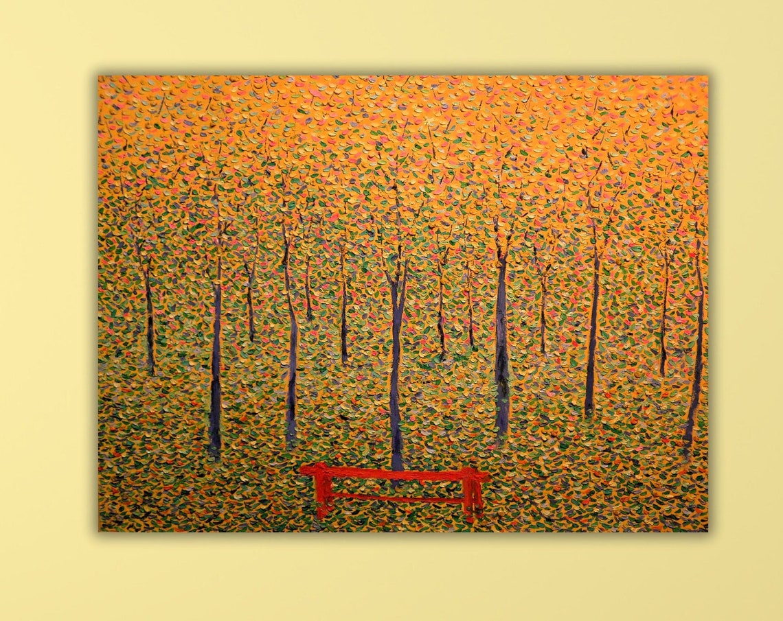 Pointillist Autumn Forest with Red Bench Impressionist Poster