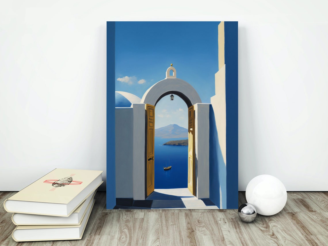 Santorini Blue Archway With Open Doors Over the Aegean Sea Poster - Image 4