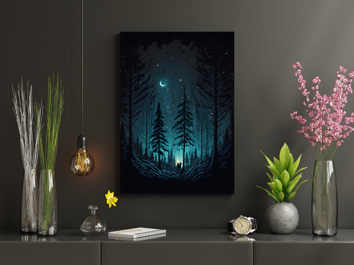 Moonlit Foggy Forest Path With Lantern Walker Night Sky Poster - Image 4