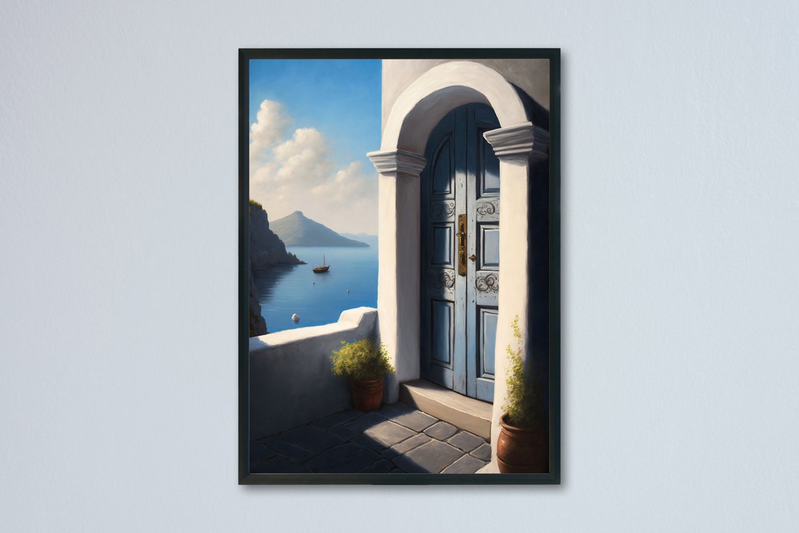Mediterranean Terrace Blue Door Overlooking Calm Aegean Sea Poster