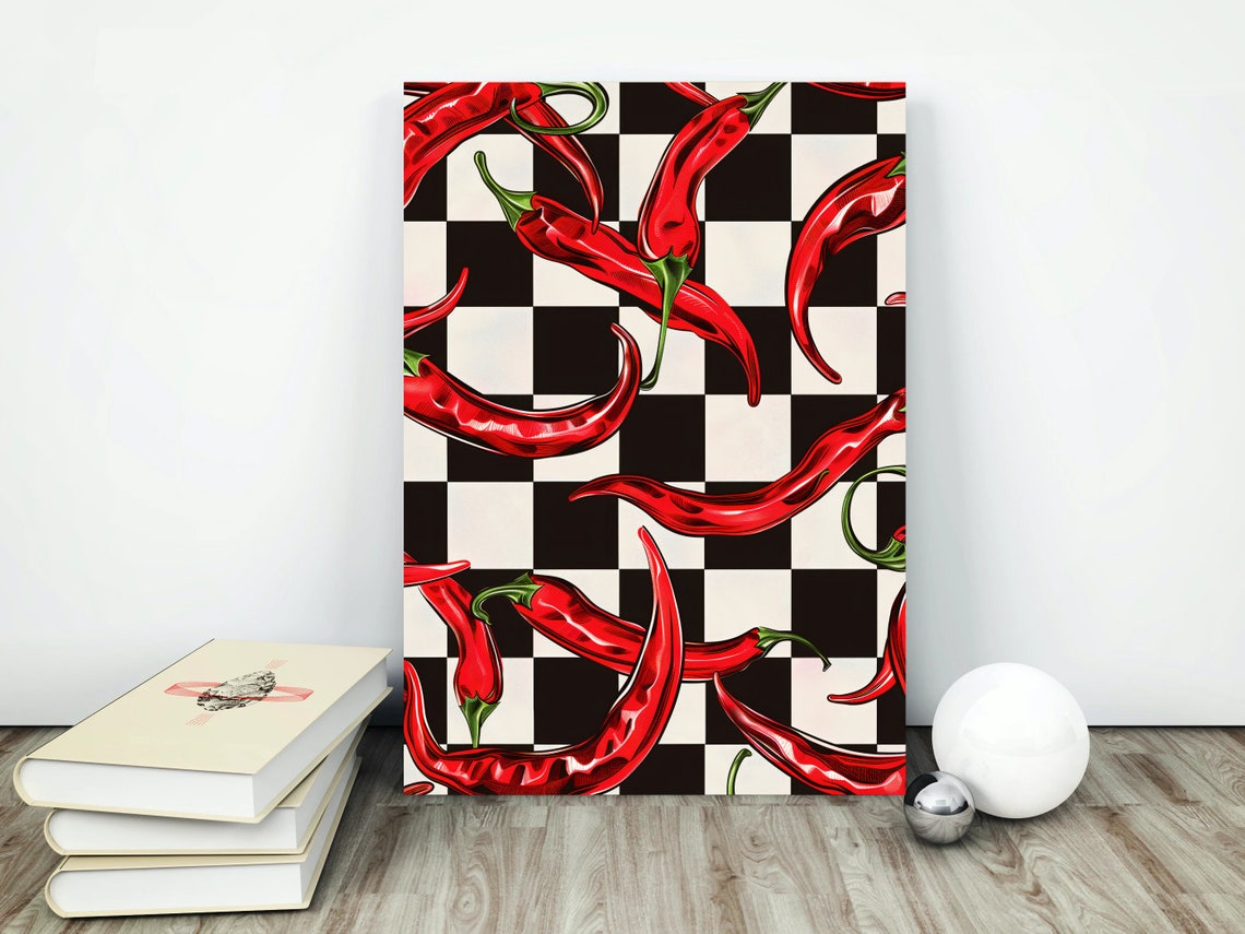 Red Chilli Peppers Checkered Background Maximalist Kitchen Poster - Image 4