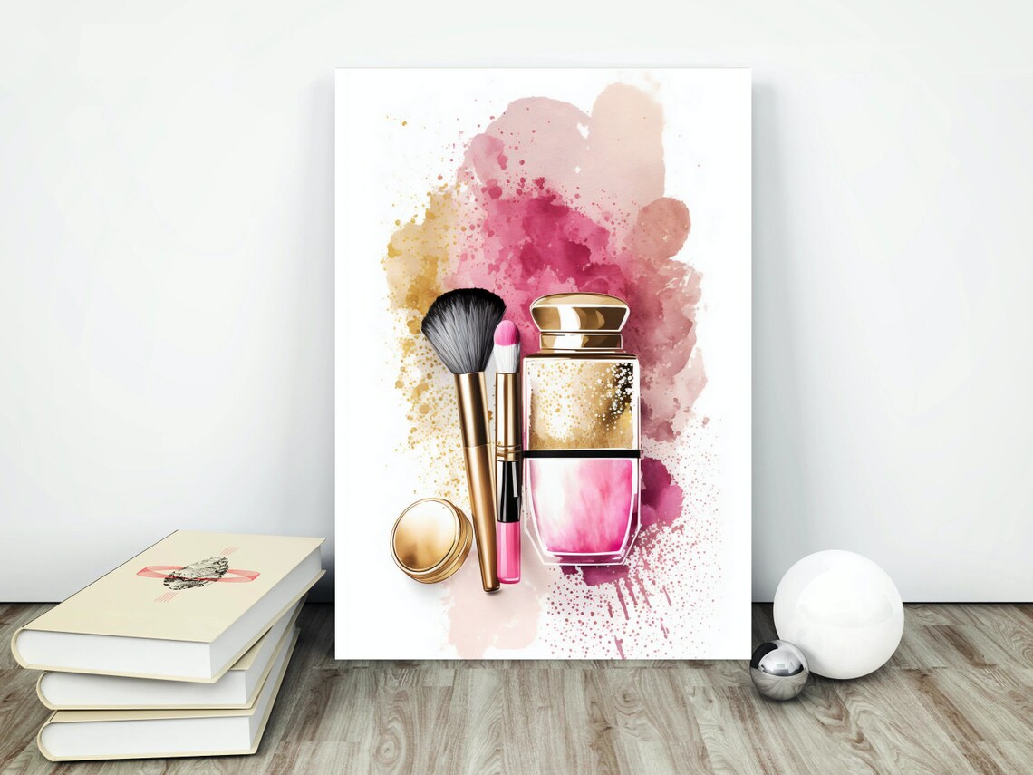 Gold Perfume Bottle Makeup Brushes Pink Watercolor Glam Poster - Image 4
