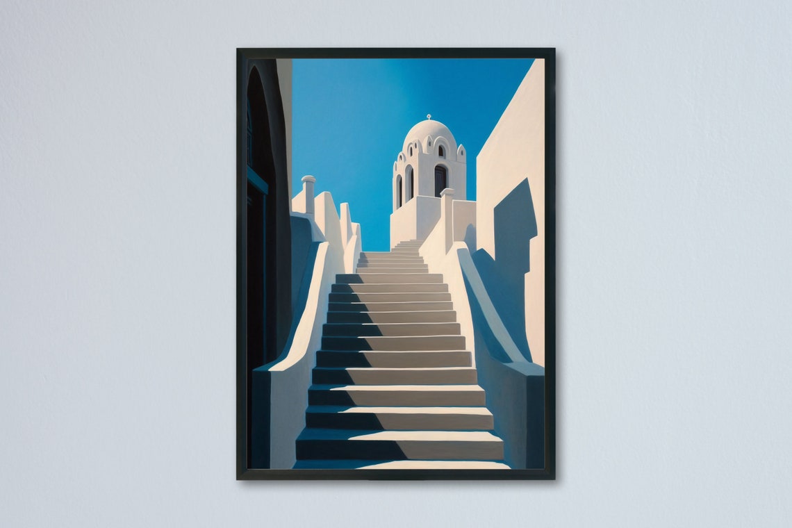 Santorini White Steps Climbing Toward a Blue Dome Church Poster