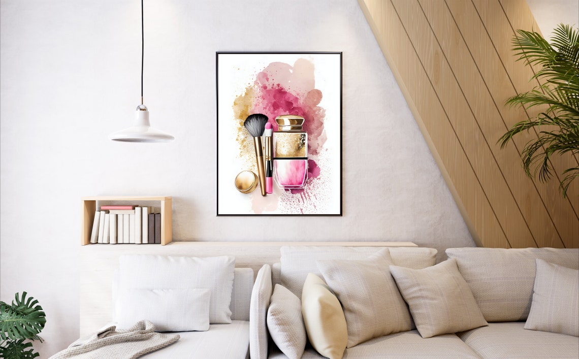 Gold Perfume Bottle Makeup Brushes Pink Watercolor Glam Poster - Image 3