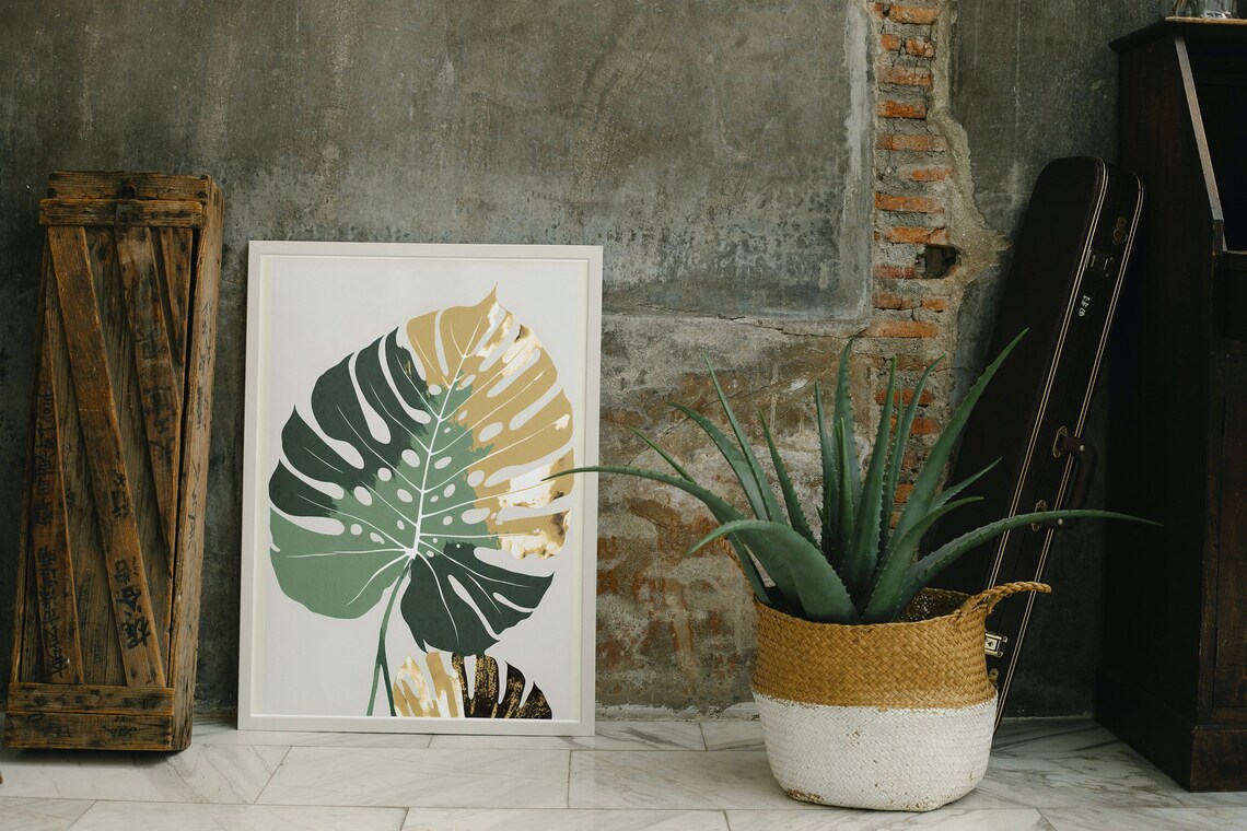 Minimalist Monstera Leaf Green and Gold Botanical Line Art Poster - Image 2