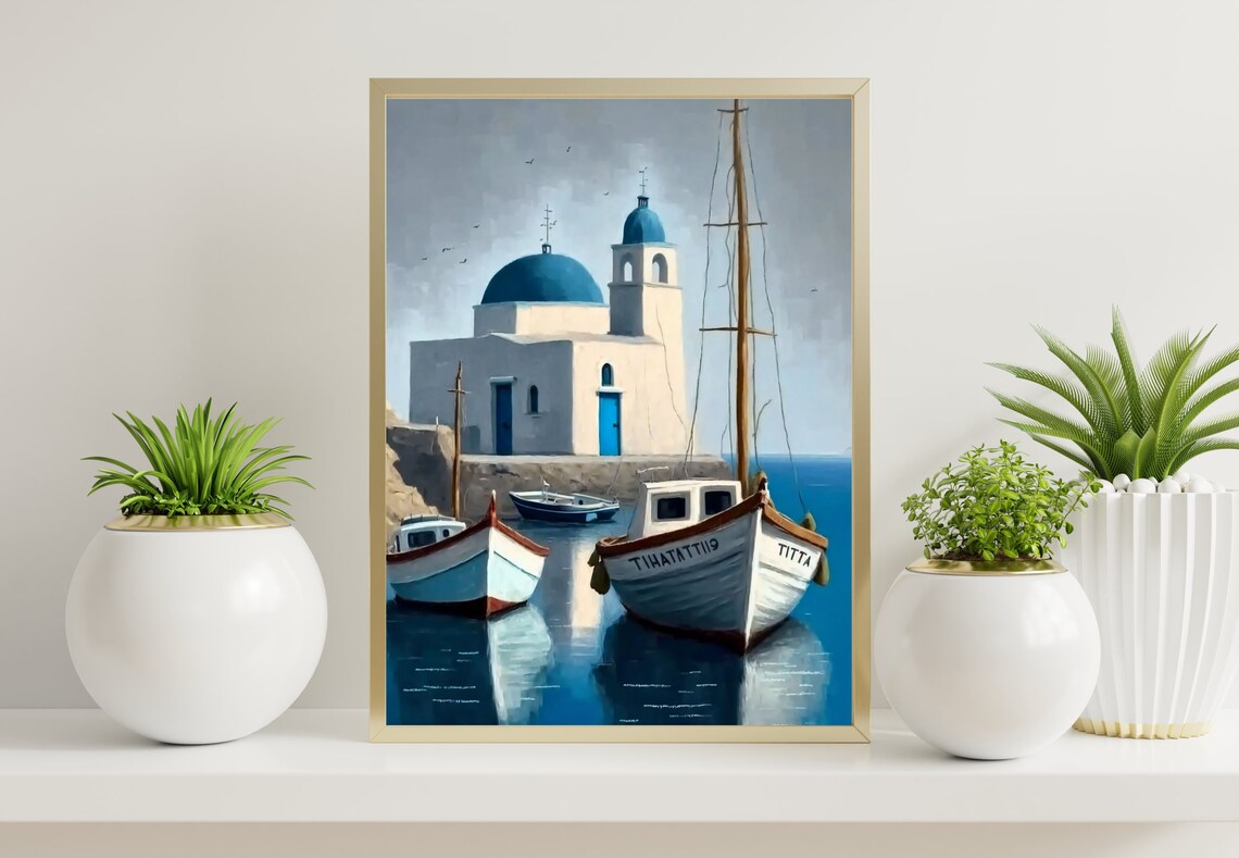 Greek Island Blue Domed Church and Fishing Boats Harbor Poster - Image 2
