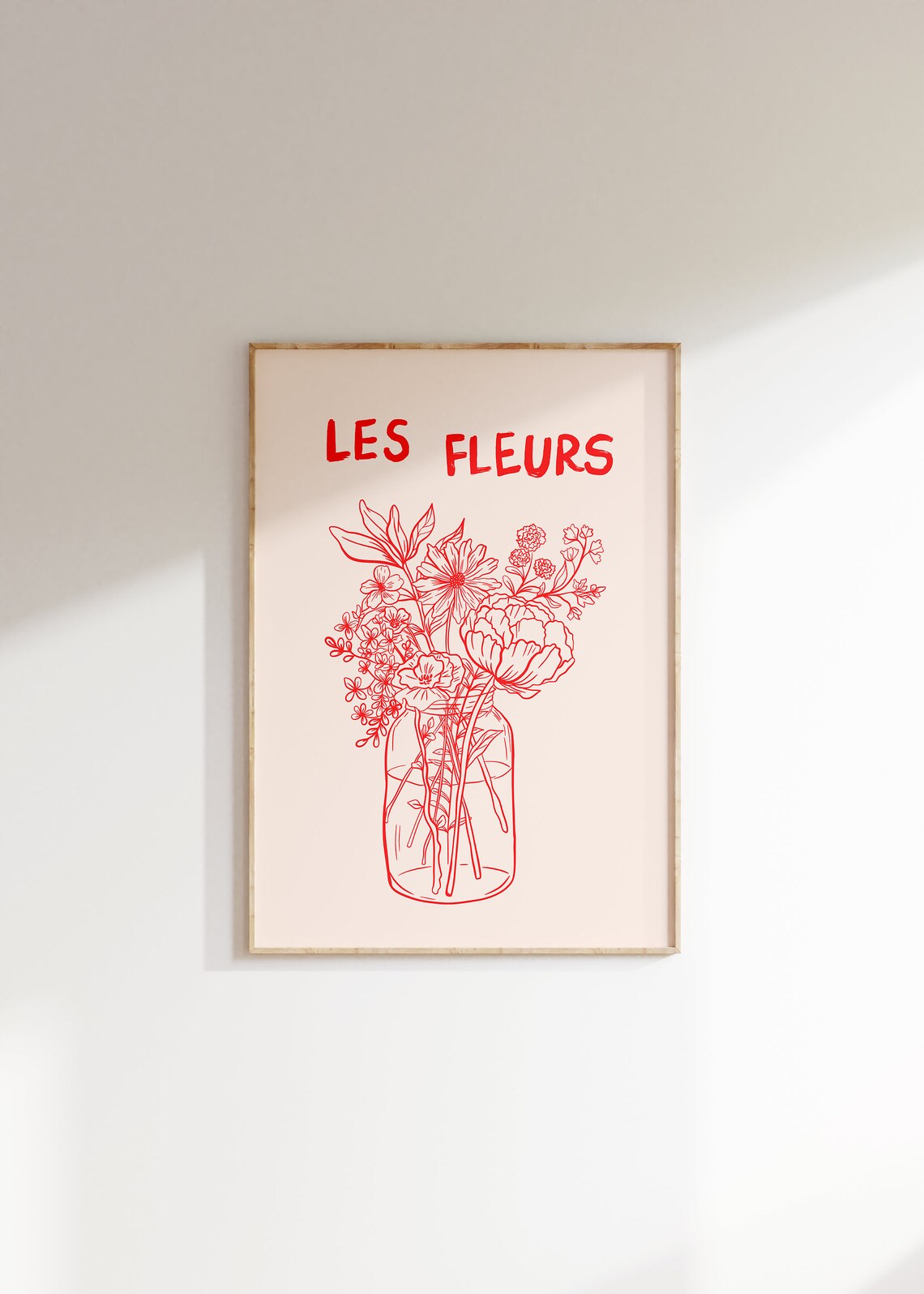 Les Fleurs Red Wildflower Bouquet in Mason Jar Line Art Poster