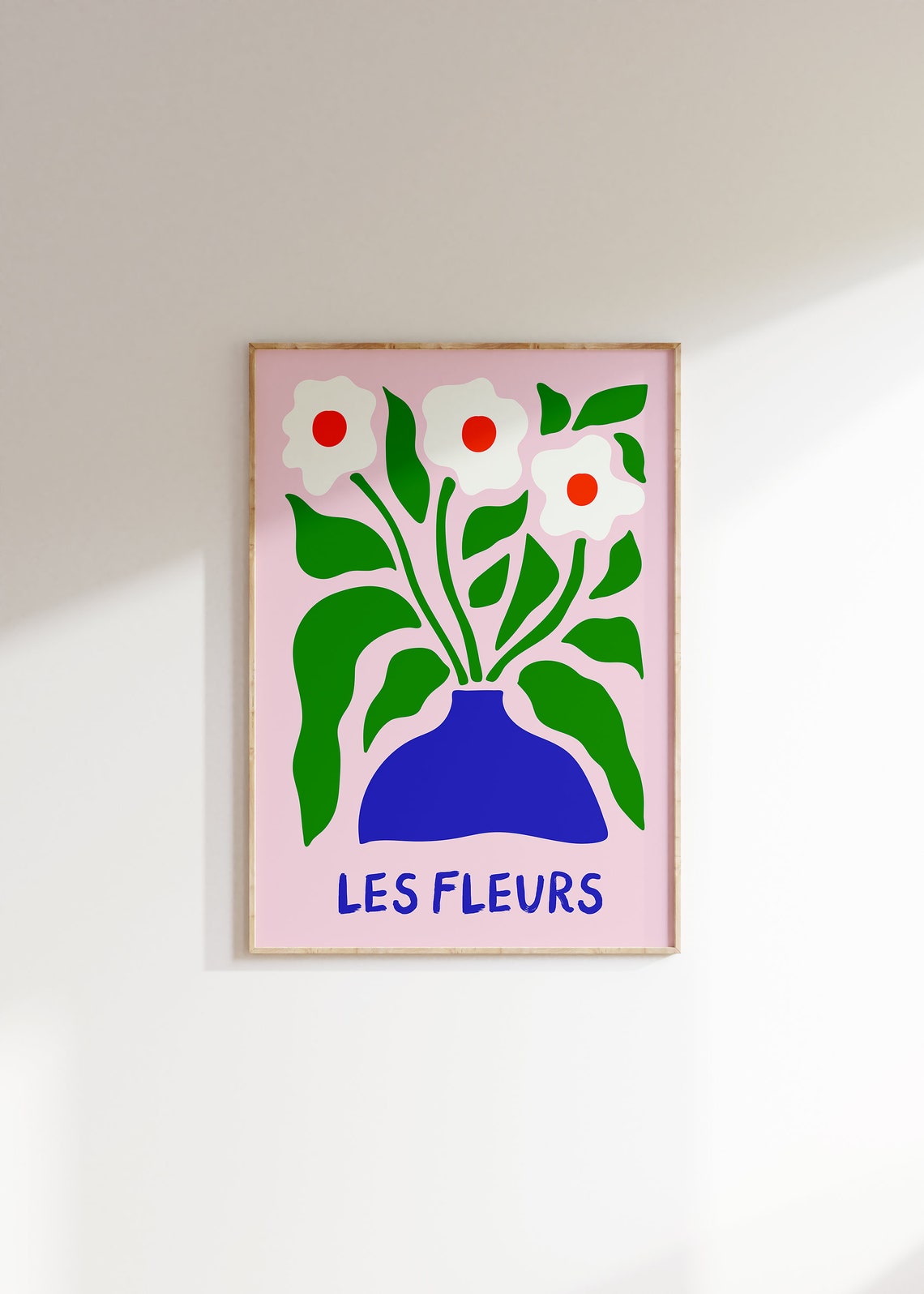 Les Fleurs Bold Modern Floral Bouquet in Blue Vase Pink Print
