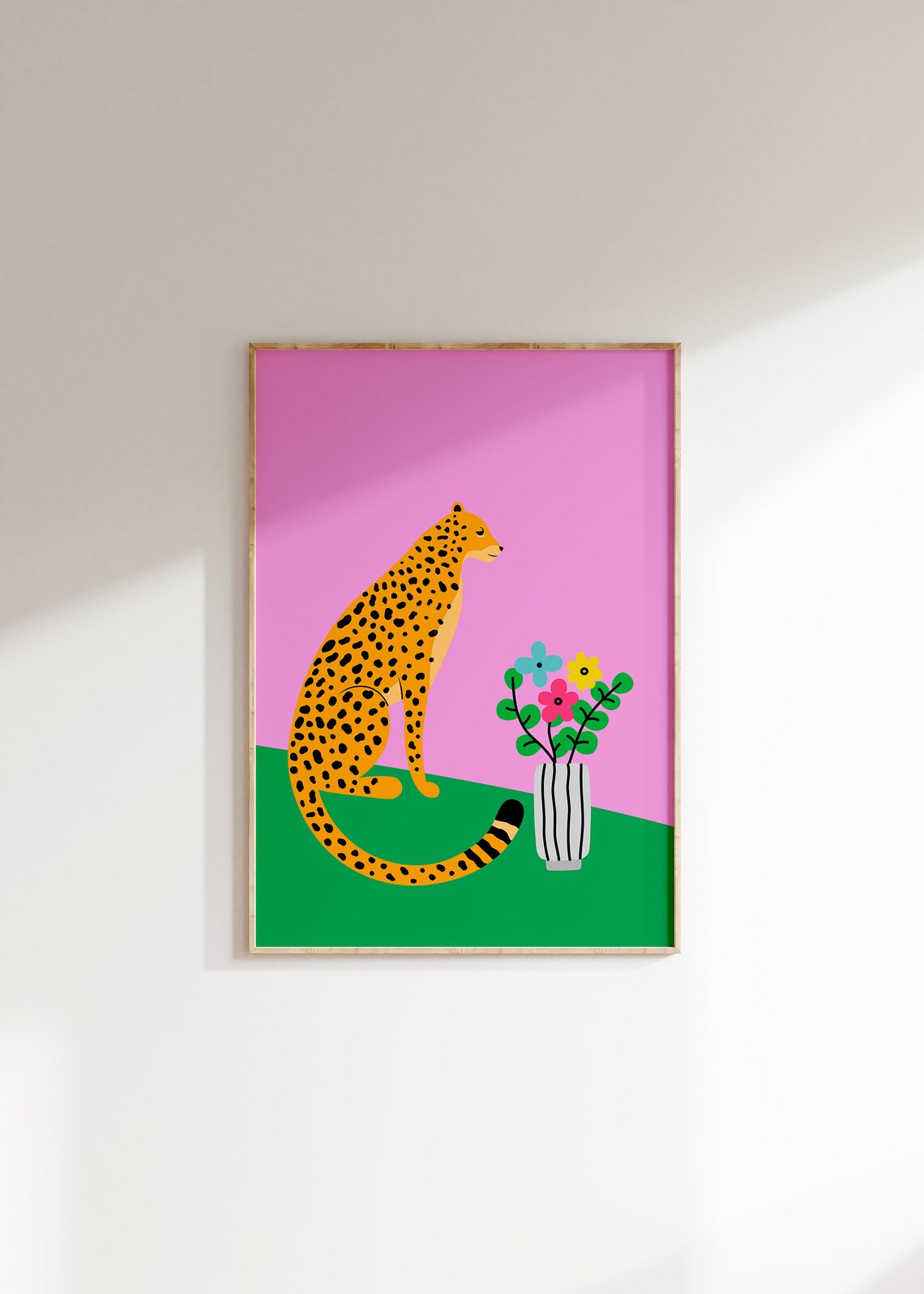 Cheetah Sitting with Flower Vase Pink Green Illustration Poster - Image 2