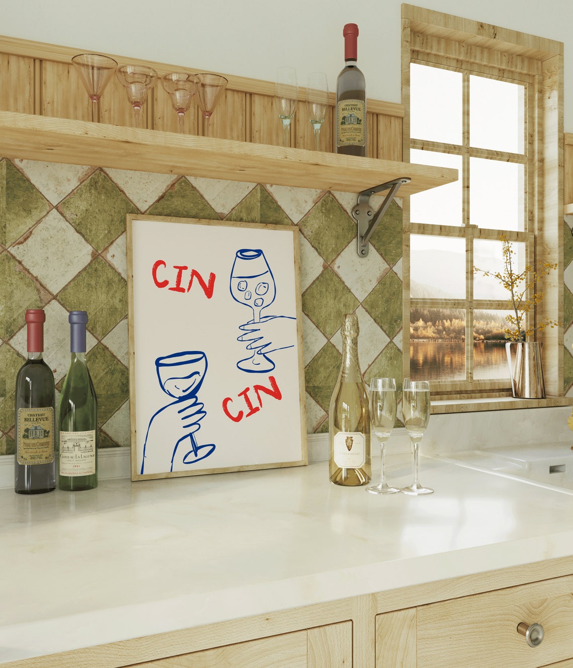 Cin Cin Cheers Toast Wine Glasses Hand Drawn Kitchen Bar Wall Art - Image 5