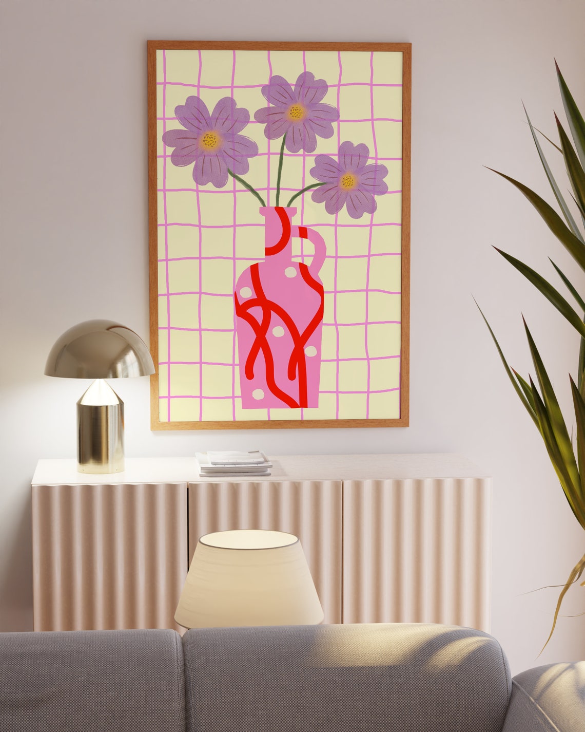 Purple Cosmos Flowers in Pink Patterned Jug on Pastel Grid Poster - Image 2