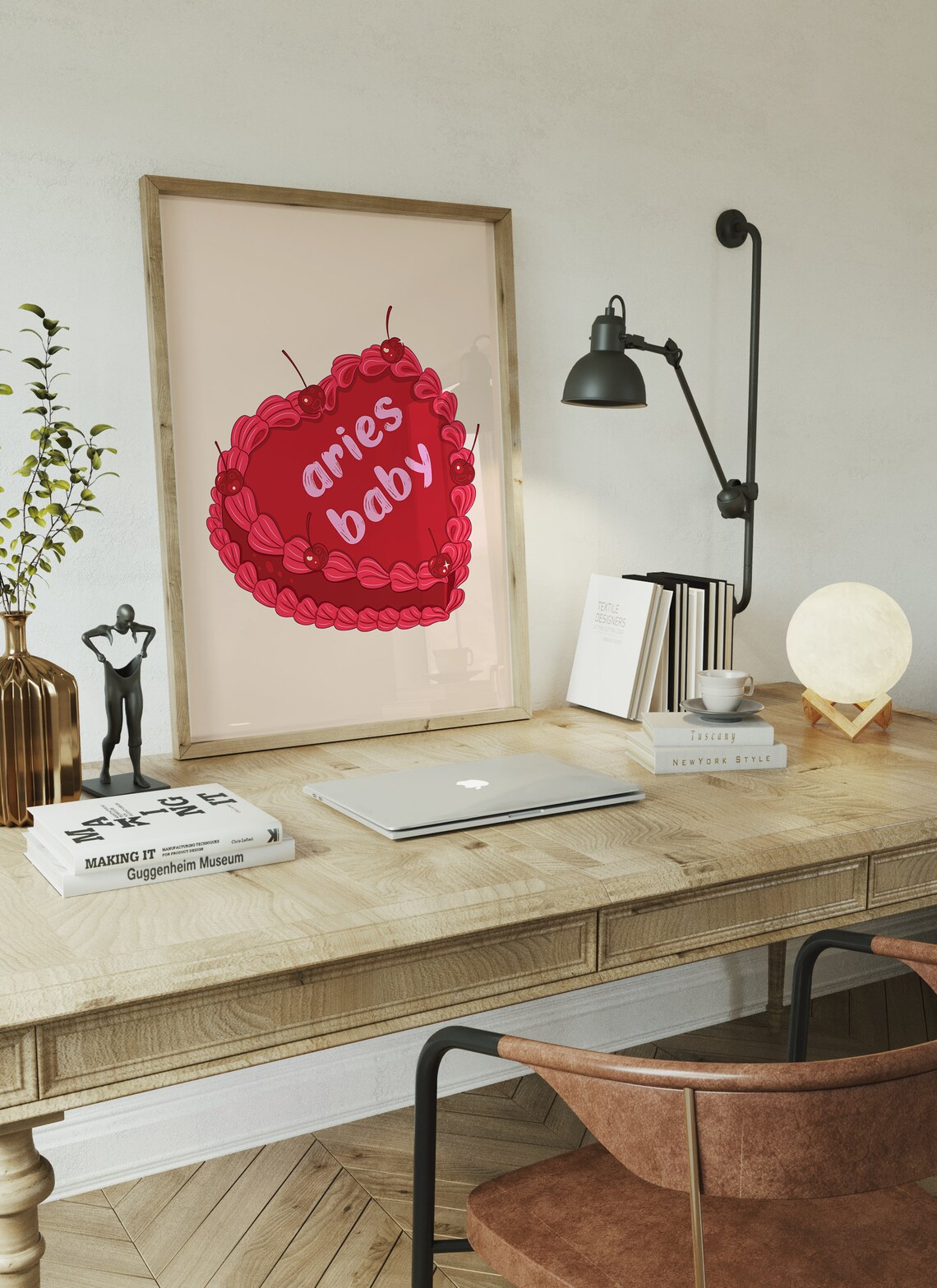 Aries Baby Red Vintage Heart Cake With Cherries Zodiac Wall Art - Image 4