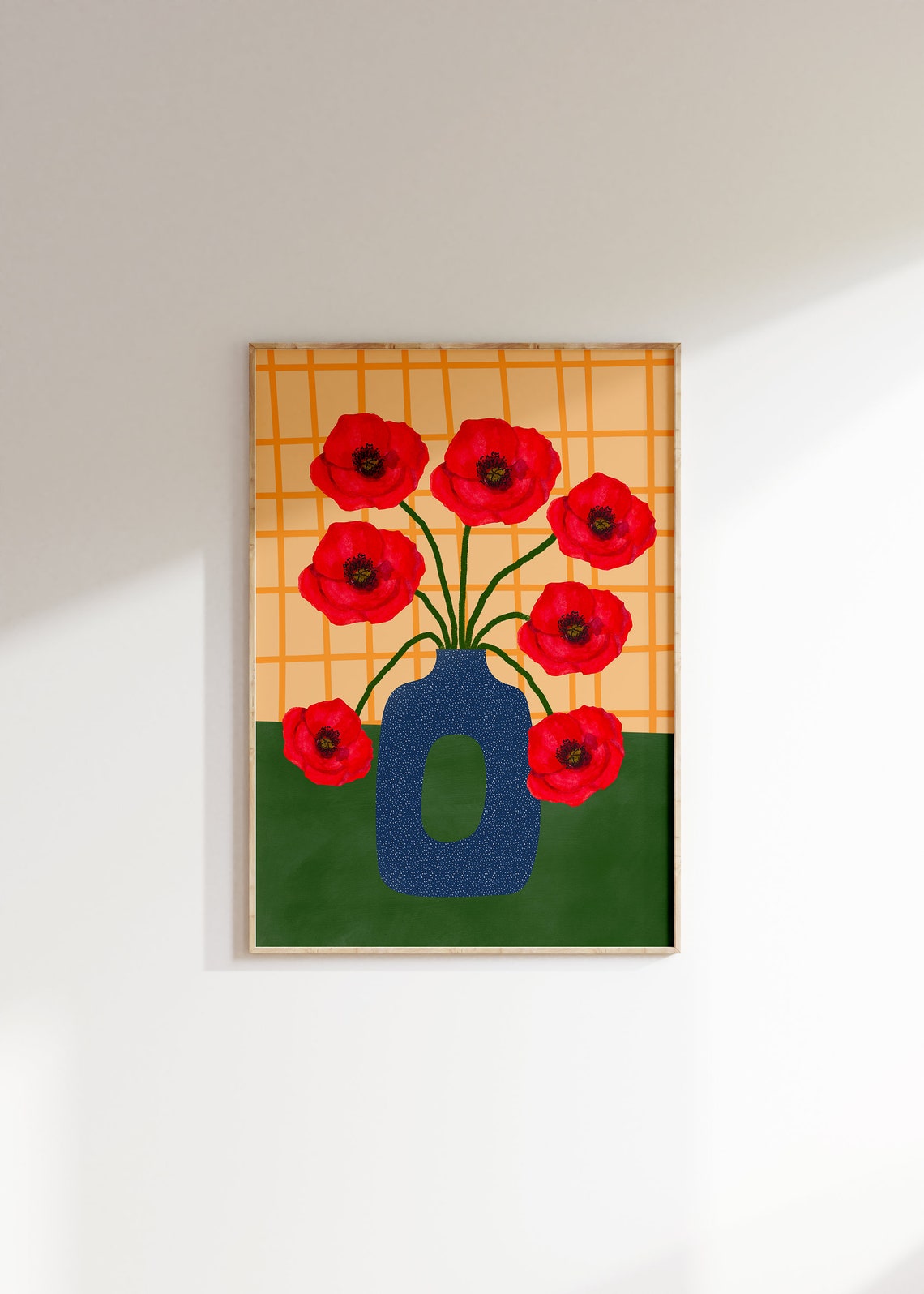 Red Poppies in Blue Dotted Vase on Orange Grid Floral Poster