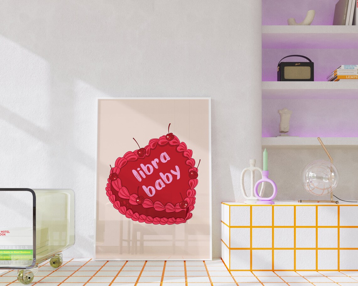 Libra Baby Red Vintage Heart Cake With Cherries Zodiac Wall Art - Image 5