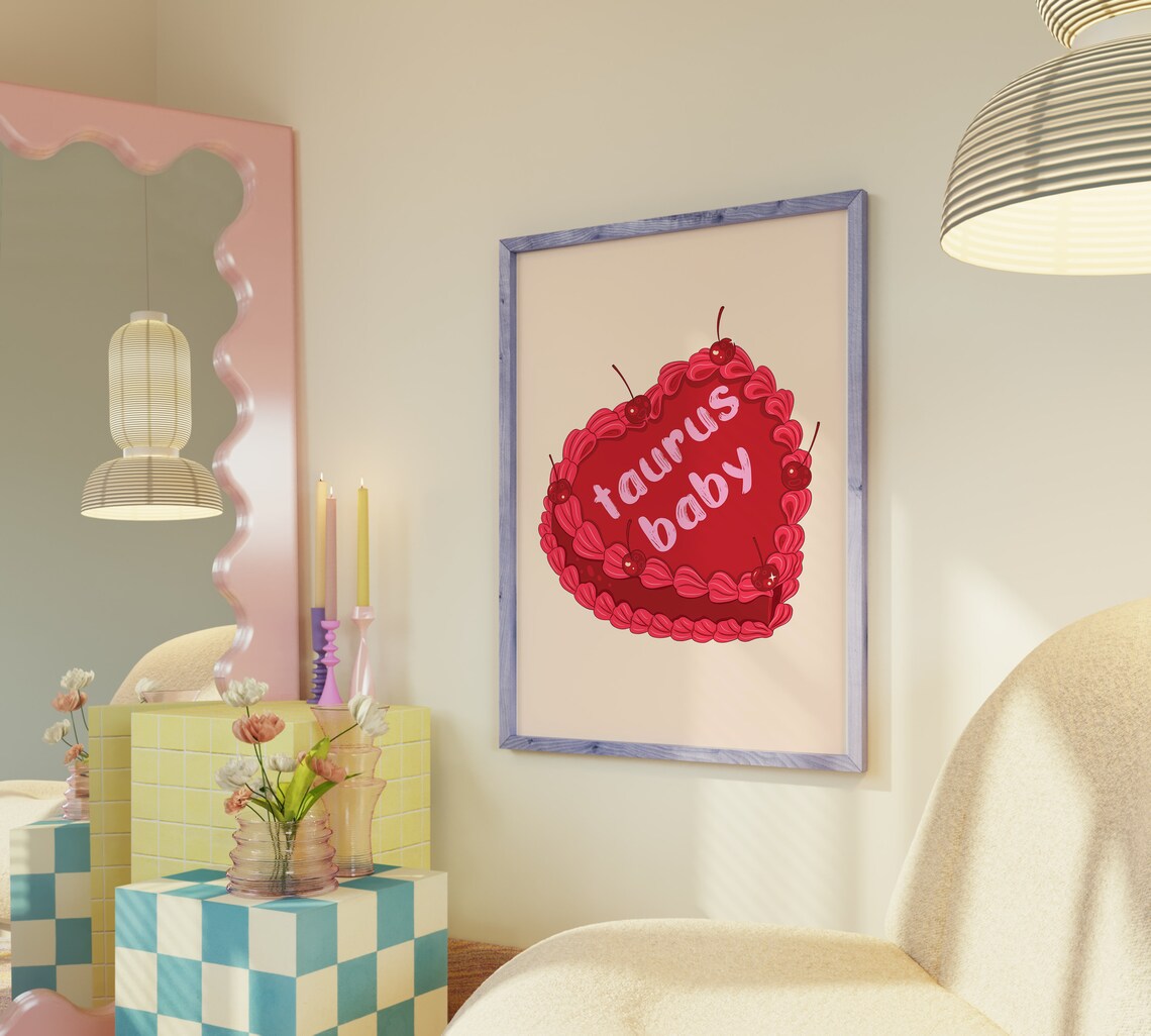 Taurus Baby Red Vintage Heart Cake Cherries Zodiac Art Print - Image 4