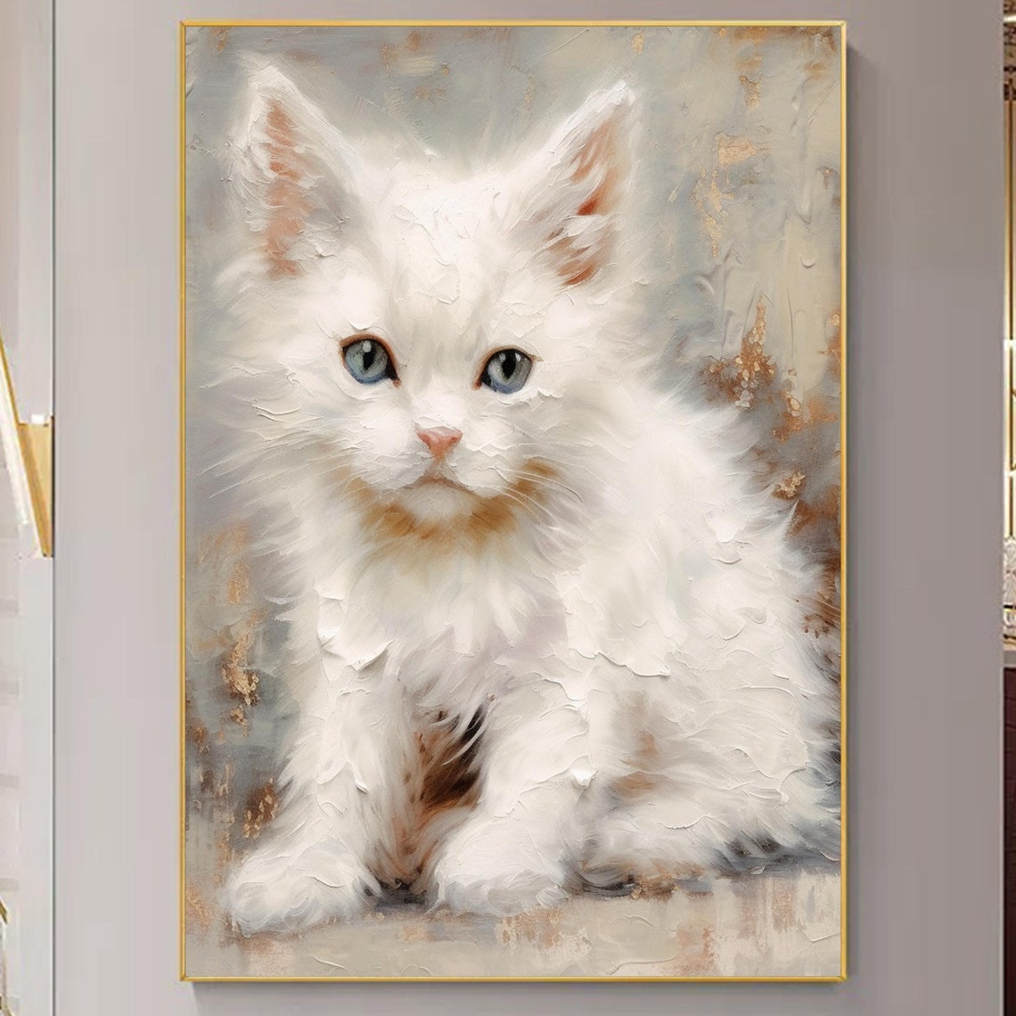 Vintage White Cat Oil Painting Wall Art Cat Painting White Cat Original Art White Cat Painting Cat Portrait Hand Painted Artwork Animal Art