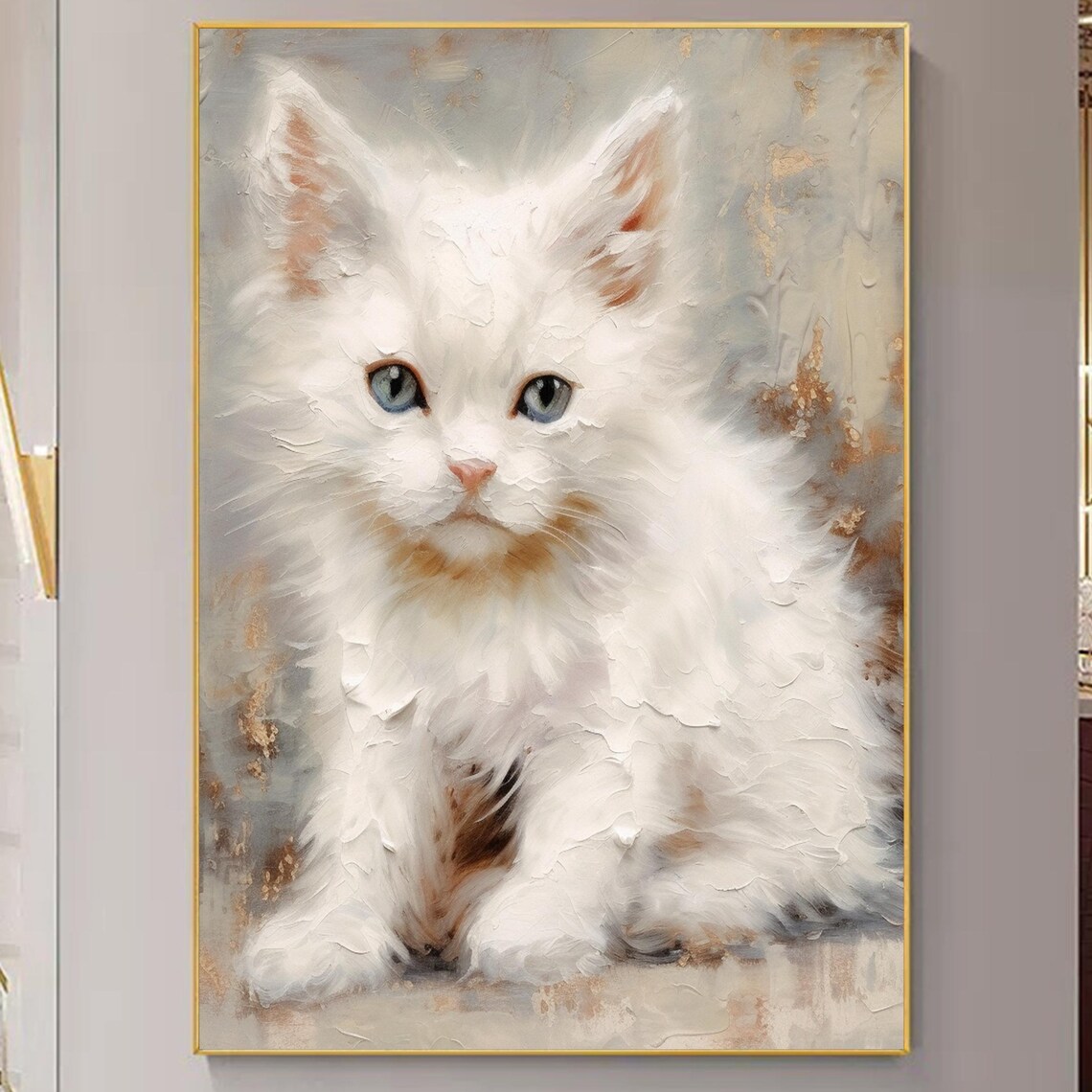 White Fluffy Kitten Blue Eyes Impasto Oil Painting Cat Wall Poster