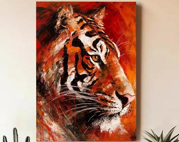 Abstract Fiery Orange Tiger Portrait Impressionist Wild Cat Canvas Wall Art