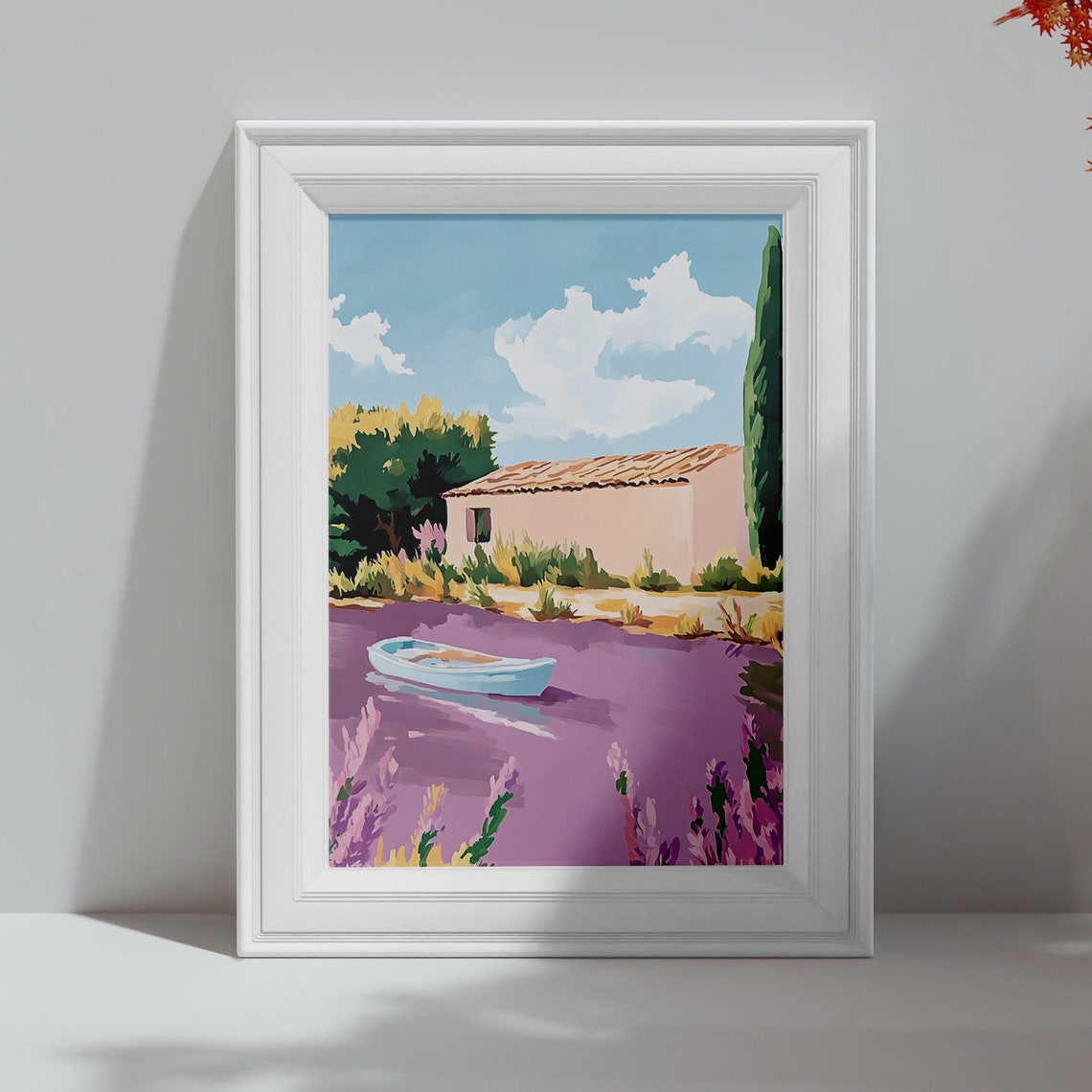 Blue Rowboat on Lavender Water by Pink Cottage Coastal Painting Poster - Image 4