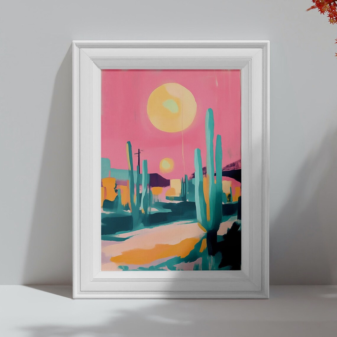 Abstract Desert With Twin Suns Teal Saguaro Modern Art Poster - Image 4