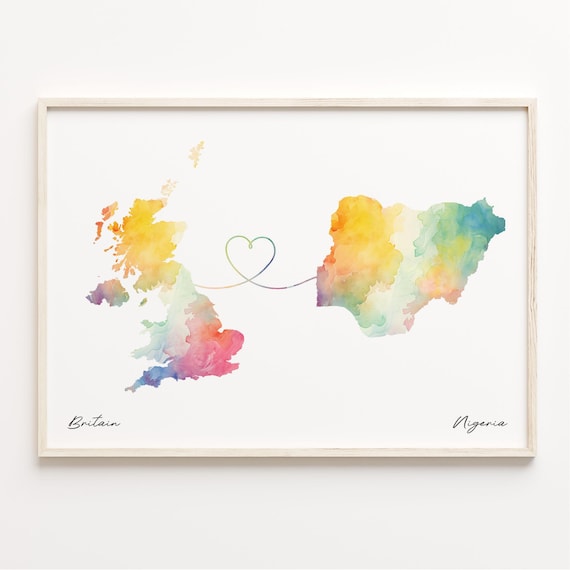 Britain To Nigeria Heart Connection Watercolor Map Travel Gift Poster