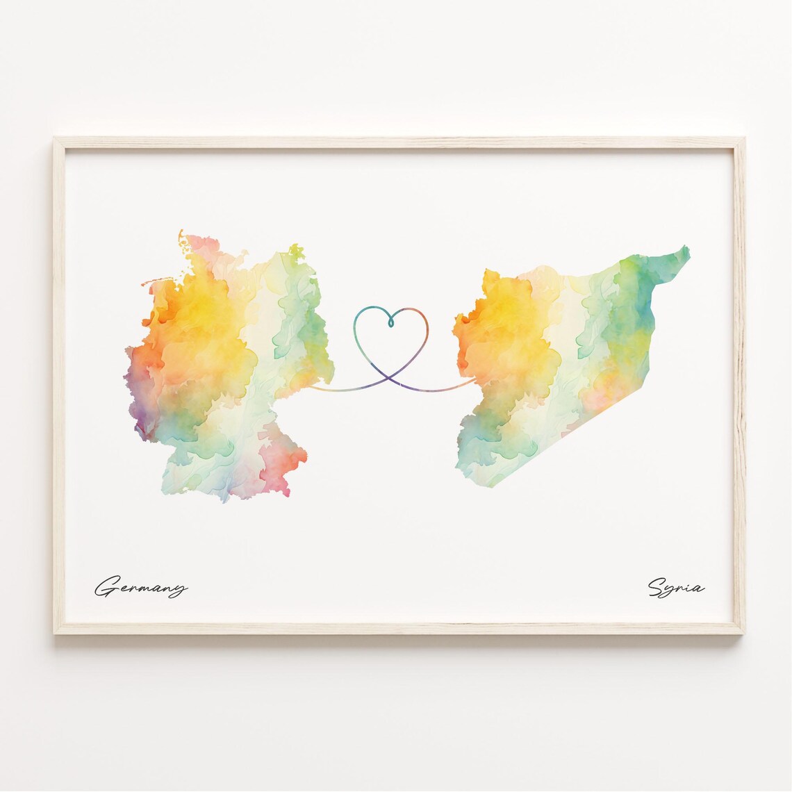 Germany To Syria Watercolor Heart Map Long Distance Love Poster Art