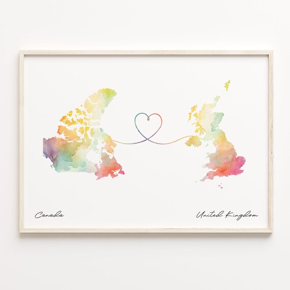 Canada to United Kingdom Watercolor Heart Map Long Distance Poster
