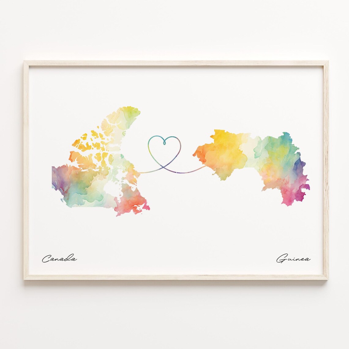 Canada To Guinea Watercolor Heart Map Long Distance Love Poster