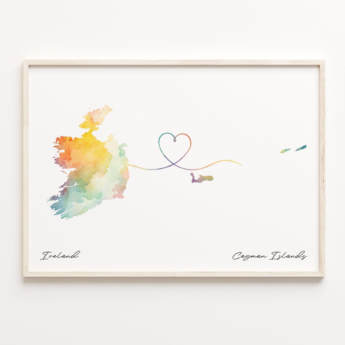Ireland To Cayman Islands Watercolor Map Heart Line Gift Poster