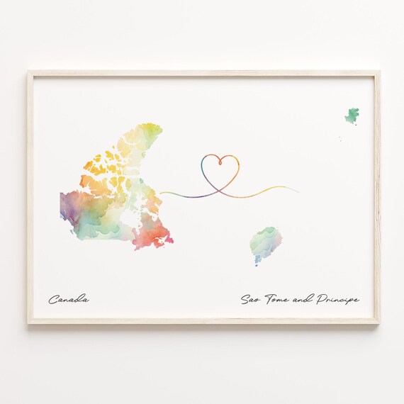 Canada To Sao Tome And Principe Watercolor Love Map Heart Poster