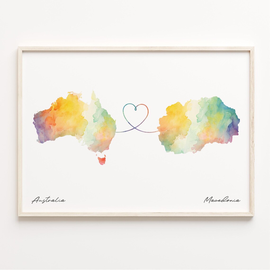 Australia To Macedonia Watercolor Heart Map Long Distance Love Poster