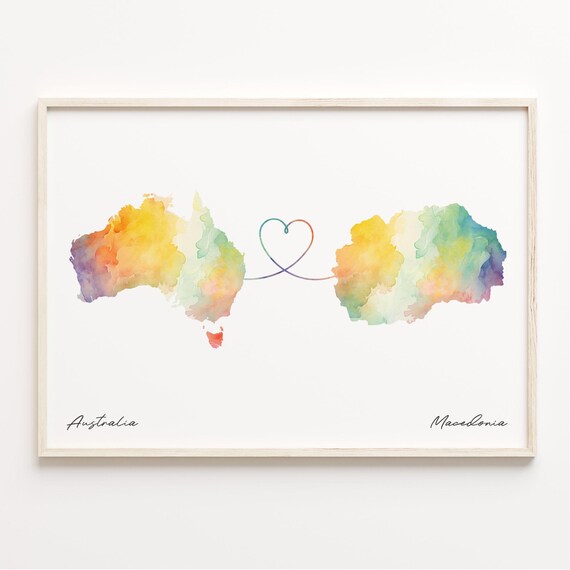 Australia To Macedonia Watercolor Heart Map Long Distance Love Poster