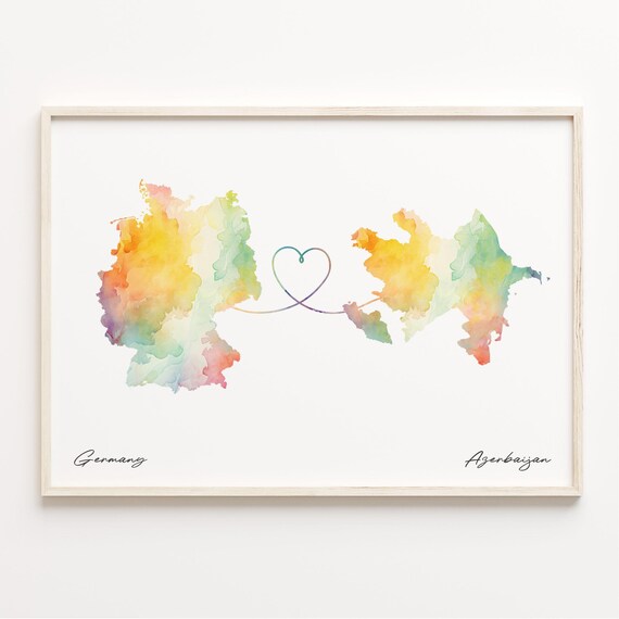 Germany To Azerbaijan Watercolor Map Heart Connection Poster
