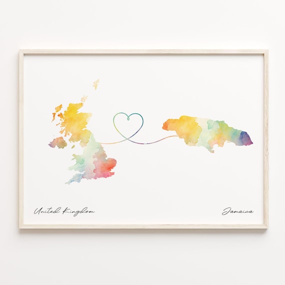 United Kingdom to Jamaica Watercolor Map Heart Travel Gift Poster