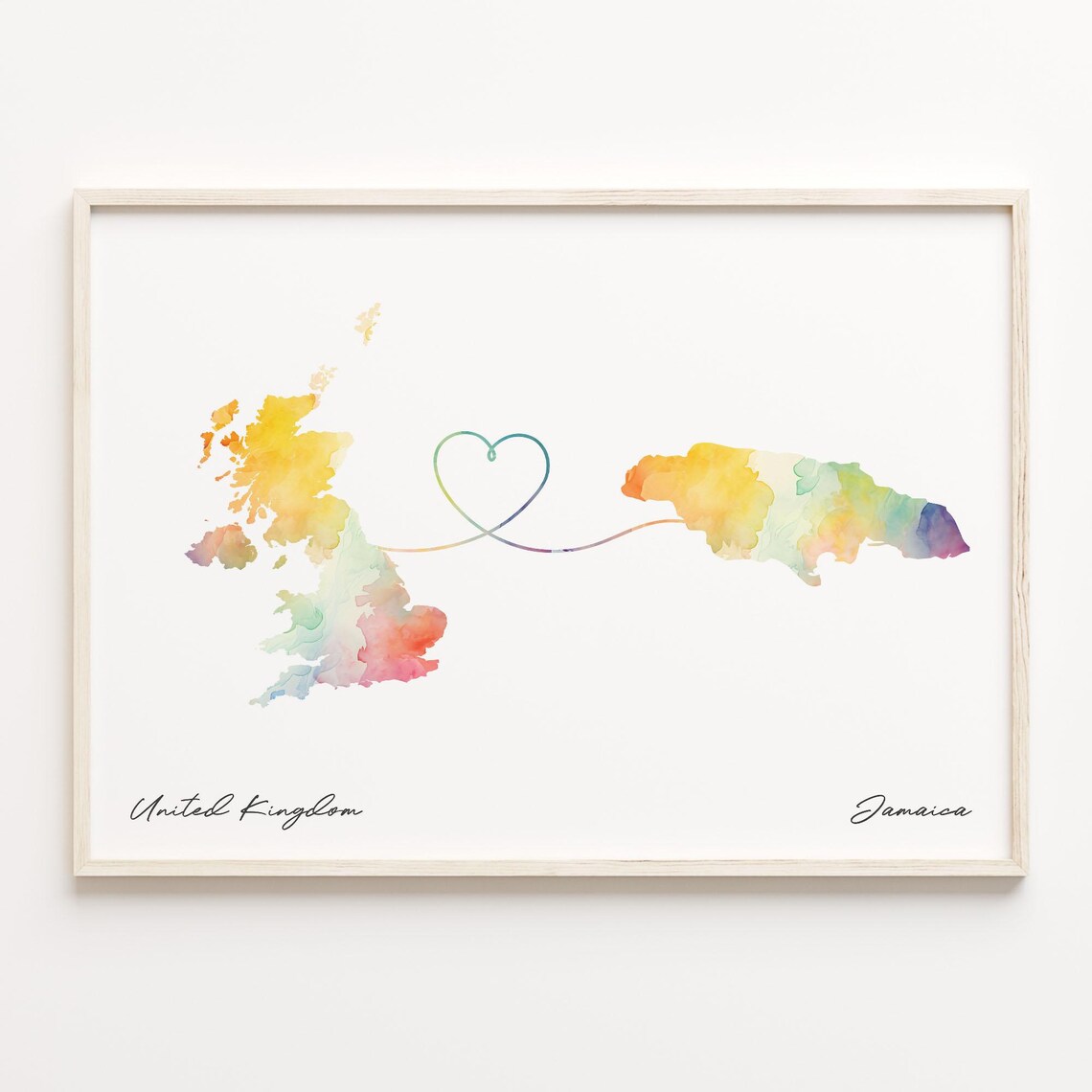 United Kingdom to Jamaica Watercolor Map Heart Travel Gift Poster