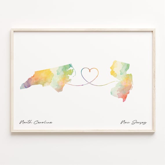 North Carolina To New Jersey Print Watercolor Map Poster Jerseyan Gift Travel Wall Art Ldr C231642
